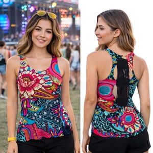 Desigual Boho Psychedelic Floral Racerback Tank Top with Macramé Back Detail